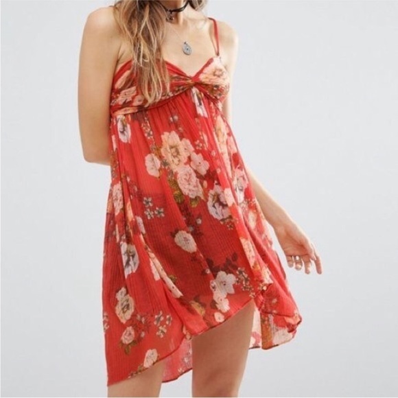 Free People Dresses & Skirts - Free People Red Floral Mirage Mini Dress Tunic Top Size M